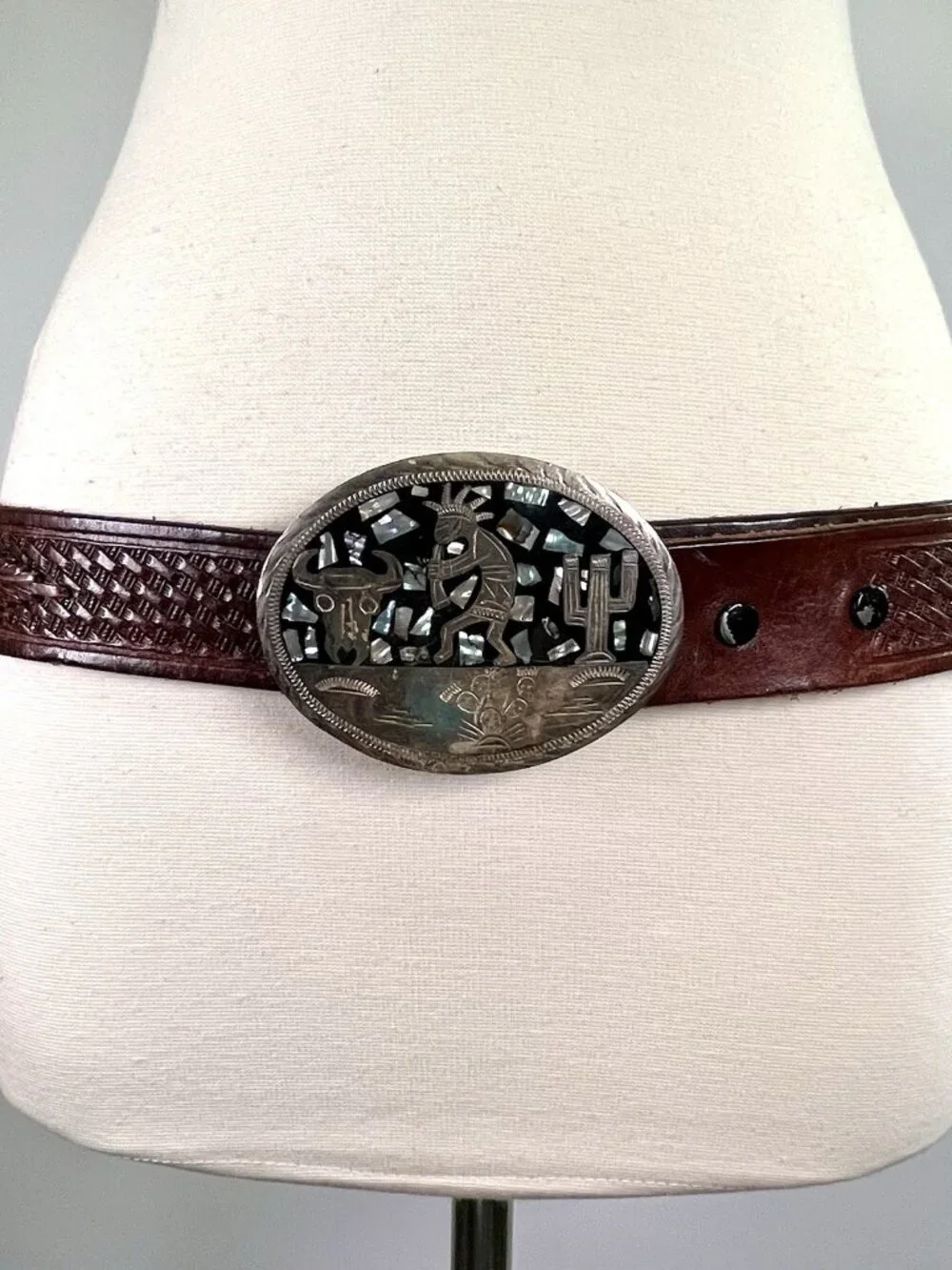 VTG Mexican Alpaca Silver Kokopelli Abalone Tooled Leather Belt Western 34”